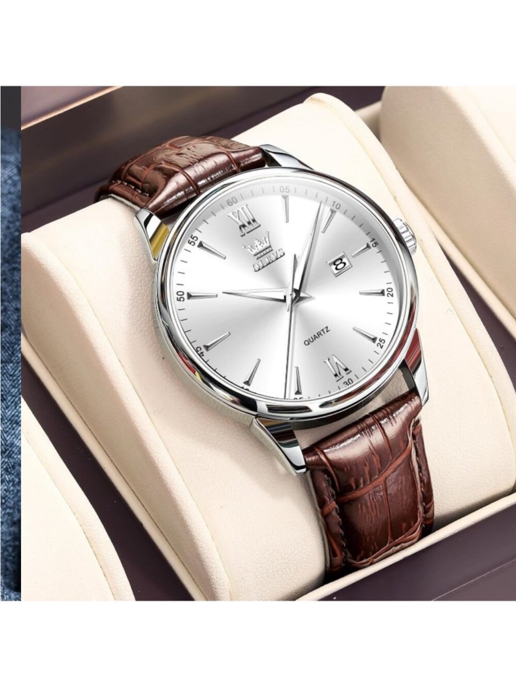 Mens Silver Brown Leather Band Waterproof Relog Para Hombres Classic Wrist Watch